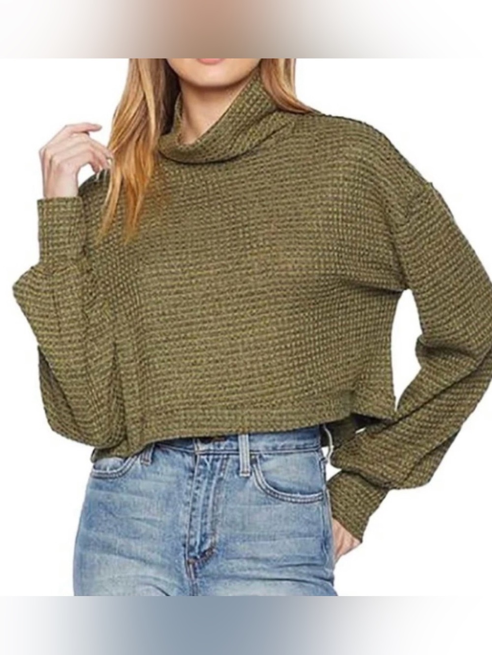 Free People Army/Olive Green Cropped WaffleKnit Turtleneck Sweater
